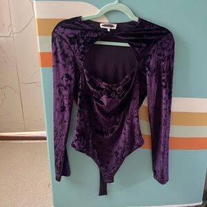 Velvet Long-Sleeve Bodysuit with Cutout - Royal Purple Luxe Bodycon